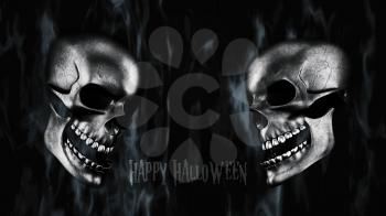 Happy Halloween. Human Skulls With Smoke And Fire 3D Rendering