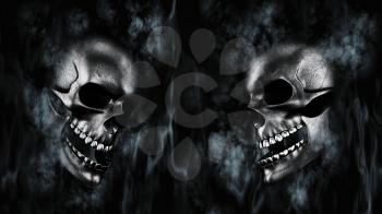 Happy Halloween. Human Skulls With Smoke And Fire 3D Rendering