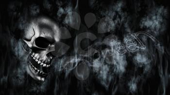 Happy Halloween. Human Skulls With Smoke And Fire 3D Rendering