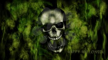 Happy Halloween. Human Skull With Smoke And Fire 3D Rendering