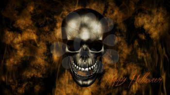 Happy Halloween. Human Skull With Smoke And Fire 3D Rendering