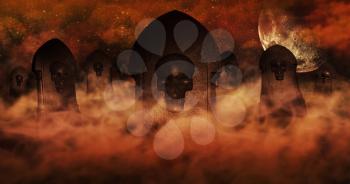 Cemetery At Night With Tombstones With Skulls And Burning Sky Full Of Clouds and Stars in The Background. Halloween Concept 3D illustration