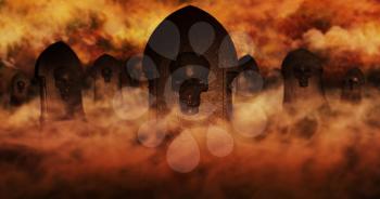 Cemetery At Night With Tombstones With Skulls And Burning Sky Full Of Clouds and Stars in The Background. Halloween Concept 3D illustration