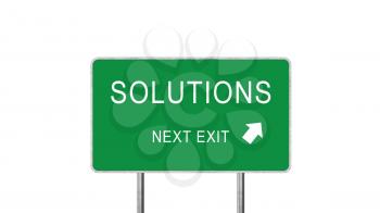 Solutions Next Exit Green Road Sign With Direction Arrow Isolated On White Background. Business Concept 3D Rendering