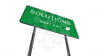 Solutions Next Exit Green Road Sign With Direction Arrow Isolated On White Background. Business Concept 3D Rendering