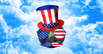 Planet Earth With Uncle Sam's Hat, Sunglasses and Mustaches. United States of America Flag. Independence Day Concept 3D illustration