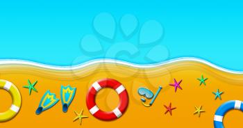 Summer Holiday At Tropical Sandy Beach With Scuba Mask, Flippers, Safety Rings and Starfish Illustration