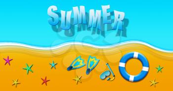 Summer Holiday At Tropical Sandy Beach With Scuba Mask, Flippers, Safety Rings and Starfish Illustration