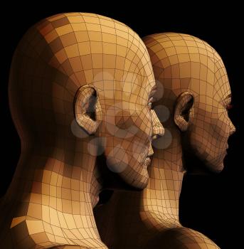 Futuristic man and woman couple wire frame 3d illustration on black background.