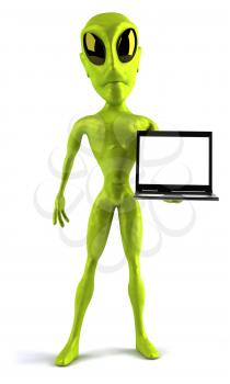 Royalty Free Clipart Image of an Alien With a Computer