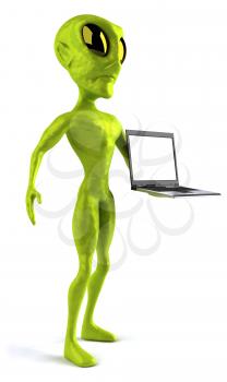 Royalty Free Clipart Image of an Alien With a Laptop