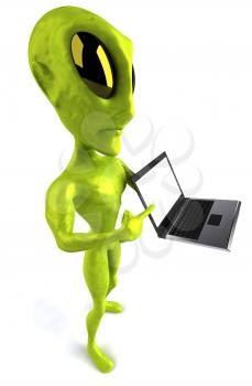 Royalty Free Clipart Image of an Alien With a Laptop