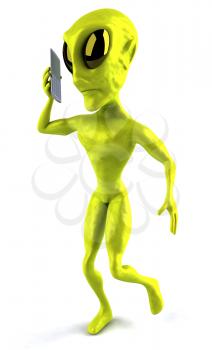 Royalty Free Clipart Image of an Alien Talking on a Cellphone