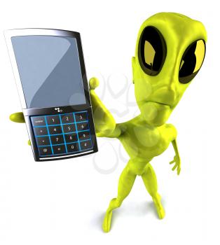 Royalty Free Clipart Image of an Alien With a Cellphone