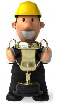 Royalty Free Clipart Image of a Man in a Hard Hat Holding a Trophy