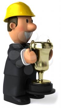 Royalty Free Clipart Image of a Guy in a Hard Hat Holding a Trophy