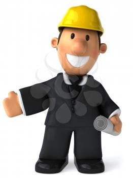 Royalty Free Clipart Image of a Man In a Hard Hat With His Right Arm Extended
