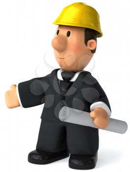 Royalty Free Clipart Image of a Man in a Yellow Hard Hat With Rolled Plans in His Hand