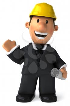 Royalty Free Clipart Image of a Man in a Suit and a Hard Hat Holding a Rolled Paper and Waving