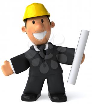 Royalty Free Clipart Image of a Happy Man With a Rolled Paper and Wearing a Hard Hat