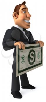 Royalty Free Clipart Image of a Guy in a Suit Holding a Big Dollar Bill
