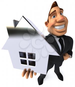 Royalty Free Clipart Image of a Business Man Holding a House