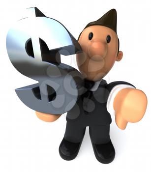 Royalty Free Clipart Image of a Business Man Giving a Thumbs Down With One Hand and Holding a Dollar Sign in the Other