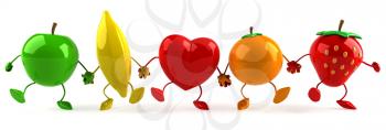 Royalty Free Clipart Image of Fruit and a Heart Holding Hands in a Line