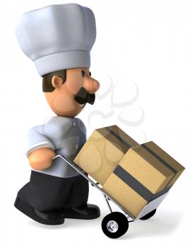 Royalty Free Clipart Image of a Chef Moving Cardboards Boxes