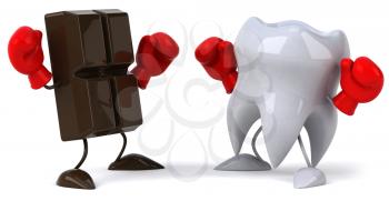 Royalty Free Clipart Image of a Piece of Chocolate and Tooth With Boxing Gloves on