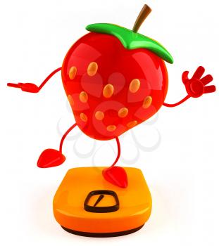 Royalty Free Clipart Image of a Strawberry Standing on One Leg on a Bathroom Scale