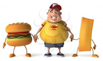 Royalty Free Clipart Image of an Overweight Man Holding Hands With a Burger and a French Fry