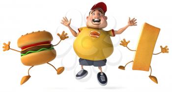 Royalty Free Clipart Image of an Overweight Man Celebrating With a Cheeseburger and a French Fry