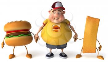 Royalty Free Clipart Image of a Chubby Man Standing Holding Hands With a Burger and a French Fry