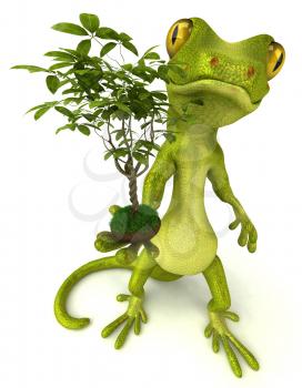 Royalty Free Clipart Image of a Gecko With a Plant