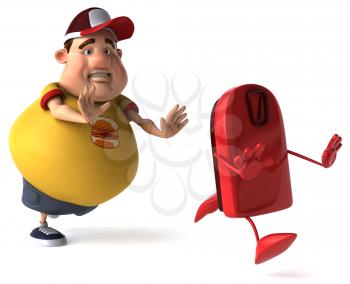 Royalty Free Clipart Image of a Chubby Man Chasing a Bathroom Scale