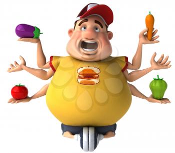 Royalty Free Clipart Image of a Fat Guy Holding Vegetables in Six Hands While Cycling