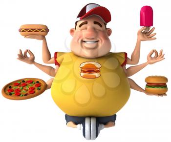Royalty Free Clipart Image of a Chubby Guy Holding Junk Food and Meditating With Six Arms