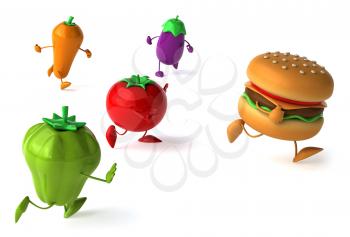 Royalty Free Clipart Image of Vegetables Chasing a Burger