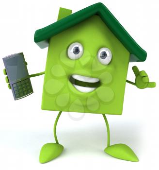 Royalty Free Clipart Image of a Green House With a Cell Phone