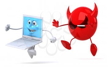 Royalty Free Clipart Image of a Virus Chasing a Computer