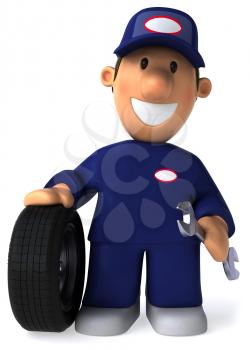 Royalty Free Clipart Image of a Mechanic With a Tire and Wrench