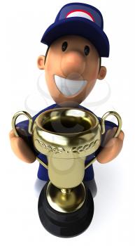 Royalty Free Clipart Image of a Mechanic With a Trophy