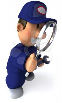 Royalty Free Clipart Image of a Mechanic With a Magnifying Glass