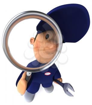 Royalty Free Clipart Image of a Mechanic Behind a Magnifying Glass