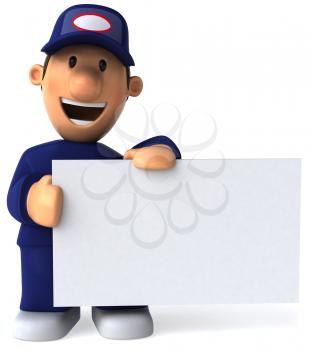 Royalty Free Clipart Image of a Mechanic Holding a Sign