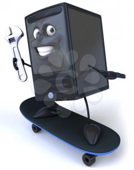 Royalty Free Clipart Image of a Computer Holding a Wrench and Skateboarding
