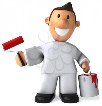 Royalty Free Clipart Image of a Painter With a Roller and a Bucket of Red Paint