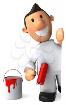 Royalty Free Clipart Image of a Painter With a Red Roller and Paint Bucket