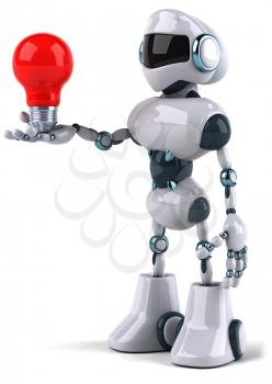 Royalty Free Clipart Image of a Robot Looking at Red Lightbulb He's Holding